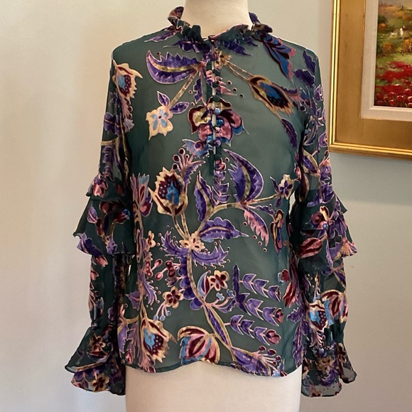 PATBO‎ Colorful Floral Burnout Velvet Sheer Long Sleeve Ruffle Blouse Size Small - Picture 2 of 12